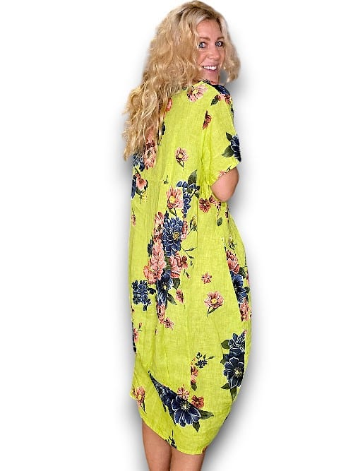 HELGA MAY_MID SLEEVE MAXI LINEN DRESS PETAL BLOOM BRIGHT GREEN _ MID SLEEVE MAXI LINEN DRESS PETAL BLOOM BRIGHT GREEN _ Ebony Boutique NZ