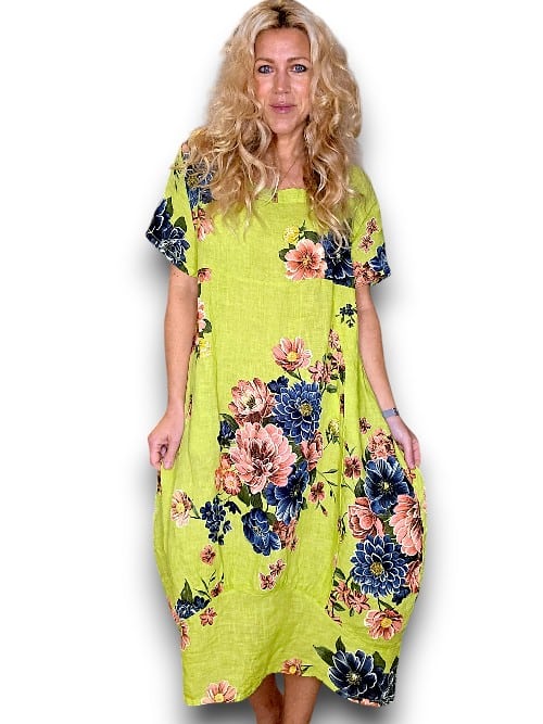 HELGA MAY_MID SLEEVE MAXI LINEN DRESS PETAL BLOOM BRIGHT GREEN _ MID SLEEVE MAXI LINEN DRESS PETAL BLOOM BRIGHT GREEN _ Ebony Boutique NZ