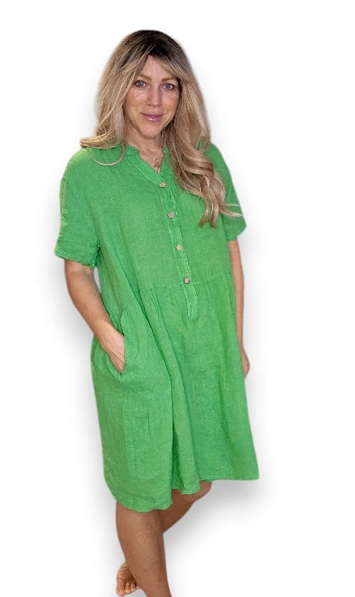 HELGA MAY_MIDI COCONUT BUTTON DRESS LINEN BRIGHT GREEN _ MIDI COCONUT BUTTON DRESS LINEN BRIGHT GREEN _ Ebony Boutique NZ