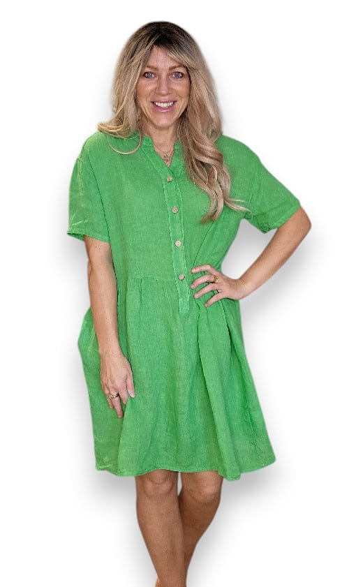 HELGA MAY_MIDI COCONUT BUTTON DRESS LINEN BRIGHT GREEN _ MIDI COCONUT BUTTON DRESS LINEN BRIGHT GREEN _ Ebony Boutique NZ