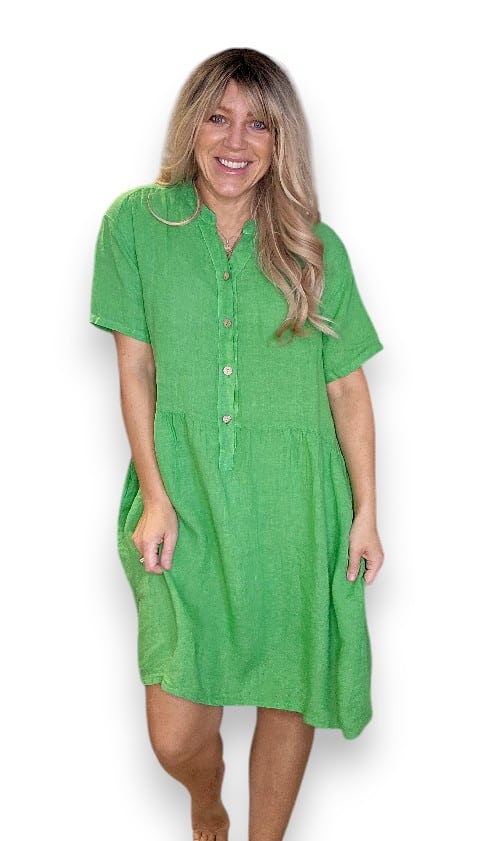 HELGA MAY_MIDI COCONUT BUTTON DRESS LINEN BRIGHT GREEN _ MIDI COCONUT BUTTON DRESS LINEN BRIGHT GREEN _ Ebony Boutique NZ