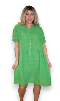 HELGA MAY_MIDI COCONUT BUTTON DRESS LINEN BRIGHT GREEN _ MIDI COCONUT BUTTON DRESS LINEN BRIGHT GREEN _ Ebony Boutique NZ