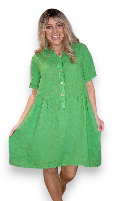 HELGA MAY_MIDI COCONUT BUTTON DRESS LINEN BRIGHT GREEN _ MIDI COCONUT BUTTON DRESS LINEN BRIGHT GREEN _ Ebony Boutique NZ