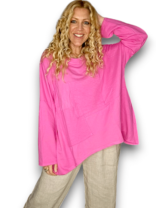 HELGA MAY_PATCHWORK COTTON SWEATER LINEN HOT PINK _ PATCHWORK COTTON SWEATER LINEN HOT PINK _ Ebony Boutique NZ