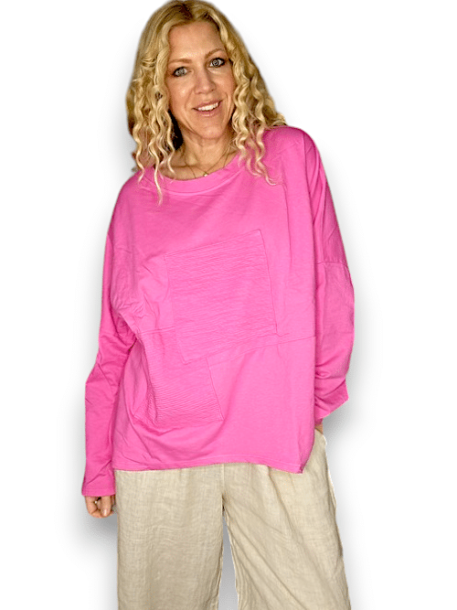 HELGA MAY_PATCHWORK COTTON SWEATER LINEN HOT PINK _ PATCHWORK COTTON SWEATER LINEN HOT PINK _ Ebony Boutique NZ