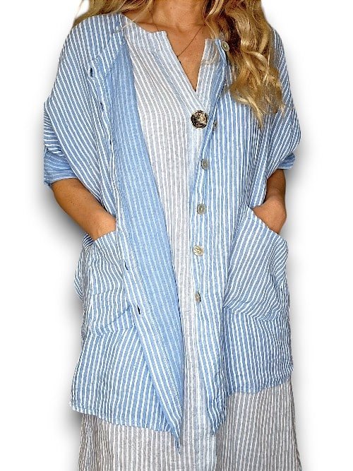 HELGA MAY_PEARL BUTTONS SHIRT WITH POCKETS LINEN STRIPE SKY BLUE _ PEARL BUTTONS SHIRT WITH POCKETS LINEN STRIPE SKY BLUE _ Ebony Boutique NZ