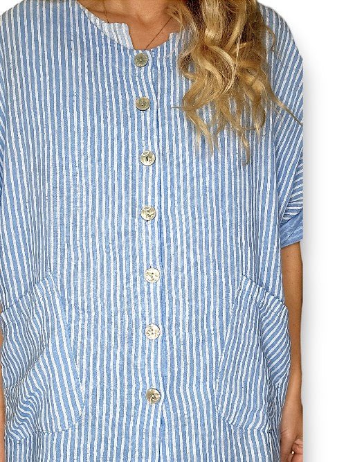 HELGA MAY_PEARL BUTTONS SHIRT WITH POCKETS LINEN STRIPE SKY BLUE _ PEARL BUTTONS SHIRT WITH POCKETS LINEN STRIPE SKY BLUE _ Ebony Boutique NZ