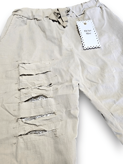 HELGA MAY_RIPPED PANTS LINEN LIGHT BEIGE _ RIPPED PANTS LINEN LIGHT BEIGE _ Ebony Boutique NZ