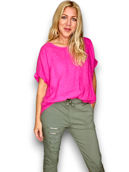 HELGA MAY_RIVER TEE LINEN HOT PINK _ RIVER TEE LINEN HOT PINK _ Ebony Boutique NZ