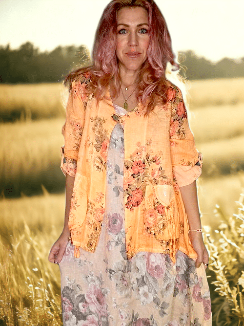 HELGA MAY_SEQUIN PKT LINEN JACKET SCARLETT ROSE NEON ORANGE _ SEQUIN PKT LINEN JACKET SCARLETT ROSE NEON ORANGE _ Ebony Boutique NZ