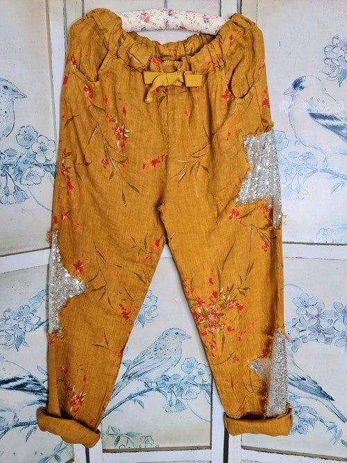 HELGA MAY_SEQUIN STAR PANTS LINEN AIKA ROSE MUSTARD _ SEQUIN STAR PANTS LINEN AIKA ROSE MUSTARD _ Ebony Boutique NZ