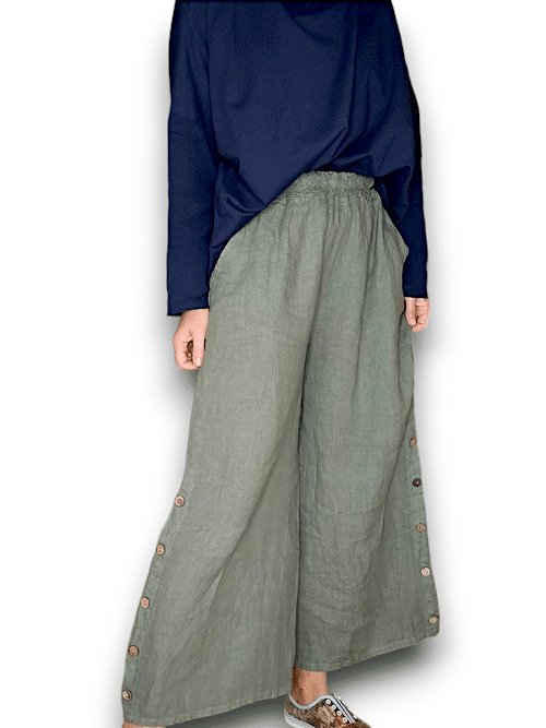 HELGA MAY_SIDE BUTTON SAILOR LINEN PANT FADED FOREST _ SIDE BUTTON SAILOR LINEN PANT FADED FOREST _ Ebony Boutique NZ