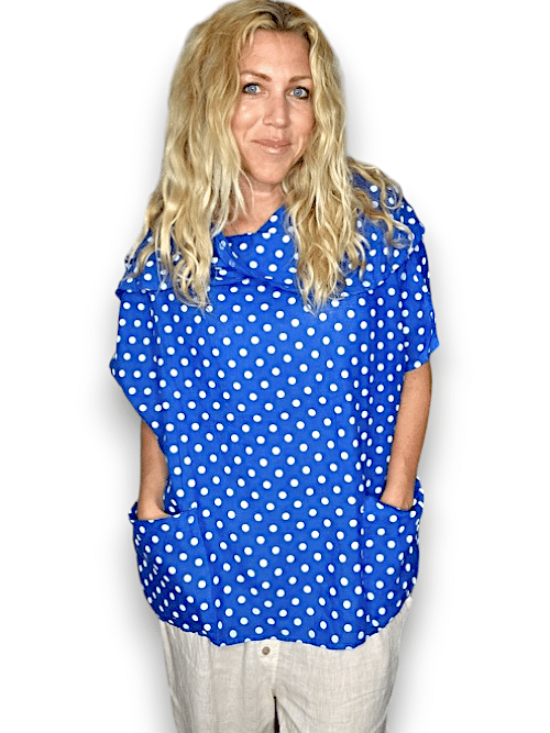 HELGA MAY_SPLIT COLLAR MOKU TOP LINEN POLKA DOT COBALT _ SPLIT COLLAR MOKU TOP LINEN POLKA DOT COBALT _ Ebony Boutique NZ