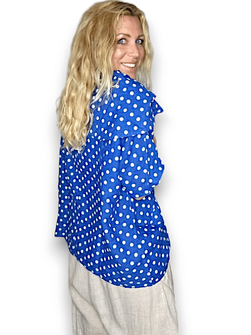 HELGA MAY_SPLIT COLLAR MOKU TOP LINEN POLKA DOT COBALT _ SPLIT COLLAR MOKU TOP LINEN POLKA DOT COBALT _ Ebony Boutique NZ