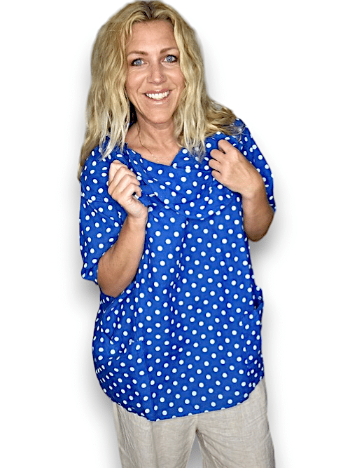 HELGA MAY_SPLIT COLLAR MOKU TOP LINEN POLKA DOT COBALT _ SPLIT COLLAR MOKU TOP LINEN POLKA DOT COBALT _ Ebony Boutique NZ