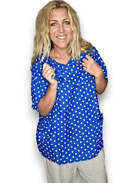 HELGA MAY_SPLIT COLLAR MOKU TOP LINEN POLKA DOT COBALT _ SPLIT COLLAR MOKU TOP LINEN POLKA DOT COBALT _ Ebony Boutique NZ