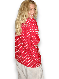 HELGA MAY_SPLIT COLLAR MOKU TOP LINEN POLKA DOT RED _ SPLIT COLLAR MOKU TOP LINEN POLKA DOT RED _ Ebony Boutique NZ