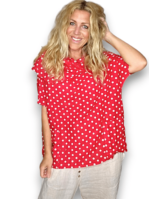 HELGA MAY_SPLIT COLLAR MOKU TOP LINEN POLKA DOT RED _ SPLIT COLLAR MOKU TOP LINEN POLKA DOT RED _ Ebony Boutique NZ