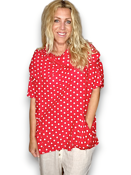 HELGA MAY_SPLIT COLLAR MOKU TOP LINEN POLKA DOT RED _ SPLIT COLLAR MOKU TOP LINEN POLKA DOT RED _ Ebony Boutique NZ