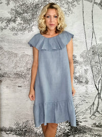 HELGA MAY_STELLA FRILL DRESS LINEN PALE PETROL _ STELLA FRILL DRESS LINEN PALE PETROL _ Ebony Boutique NZ