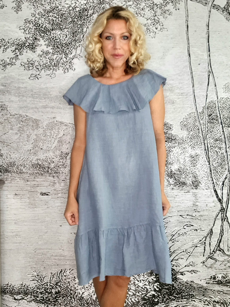 HELGA MAY_STELLA FRILL DRESS LINEN PALE PETROL _ STELLA FRILL DRESS LINEN PALE PETROL _ Ebony Boutique NZ