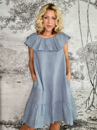 HELGA MAY_STELLA FRILL DRESS LINEN PALE PETROL _ STELLA FRILL DRESS LINEN PALE PETROL _ Ebony Boutique NZ