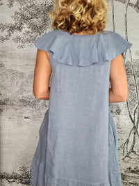 HELGA MAY_STELLA FRILL DRESS LINEN PALE PETROL _ STELLA FRILL DRESS LINEN PALE PETROL _ Ebony Boutique NZ
