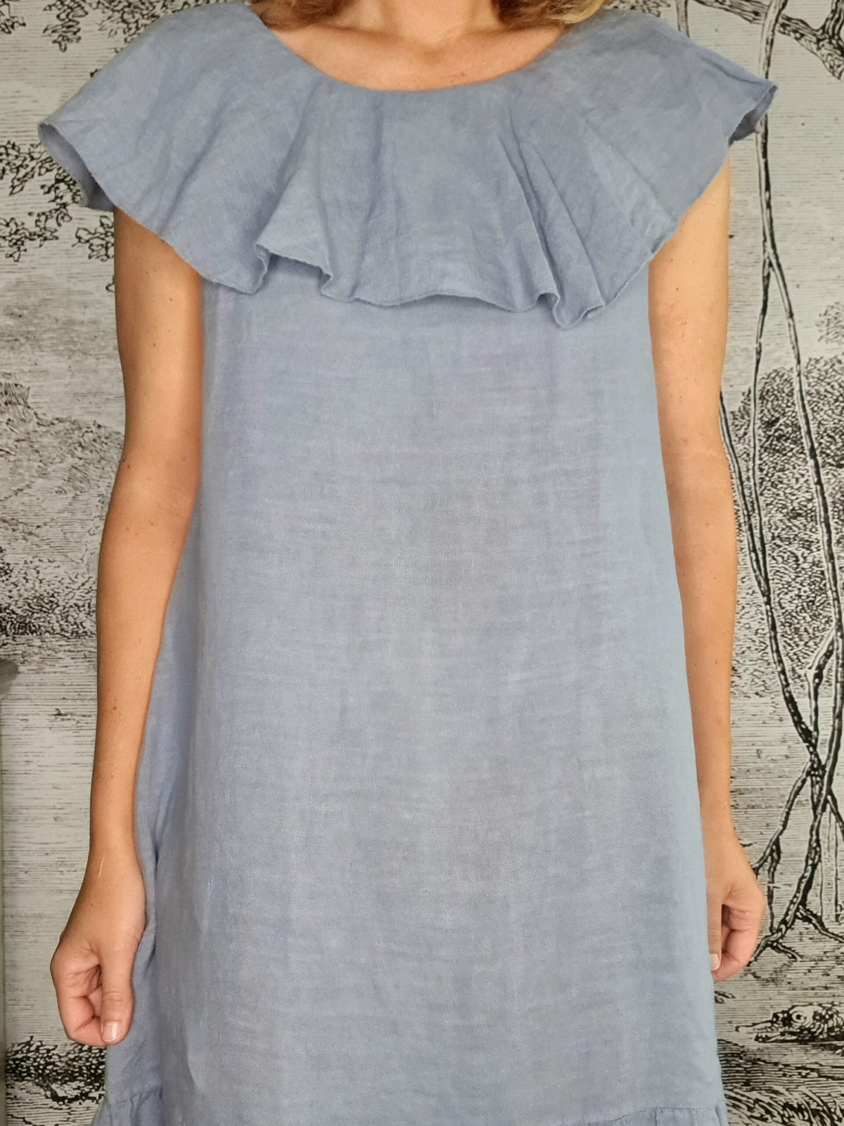 HELGA MAY_STELLA FRILL DRESS LINEN PALE PETROL _ STELLA FRILL DRESS LINEN PALE PETROL _ Ebony Boutique NZ