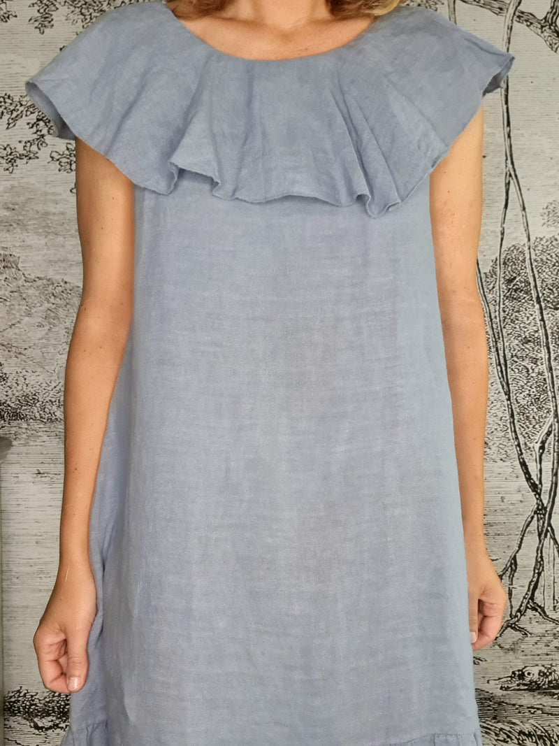 HELGA MAY_STELLA FRILL DRESS LINEN PALE PETROL _ STELLA FRILL DRESS LINEN PALE PETROL _ Ebony Boutique NZ