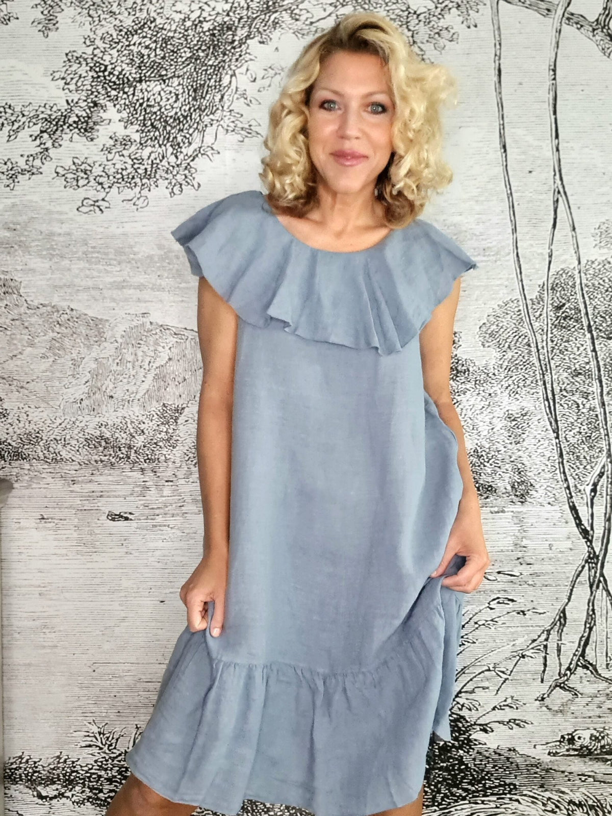 HELGA MAY_STELLA FRILL DRESS LINEN PALE PETROL _ STELLA FRILL DRESS LINEN PALE PETROL _ Ebony Boutique NZ