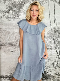 HELGA MAY_STELLA FRILL DRESS LINEN PALE PETROL _ STELLA FRILL DRESS LINEN PALE PETROL _ Ebony Boutique NZ
