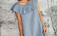 HELGA MAY_STELLA FRILL DRESS LINEN PALE PETROL _ STELLA FRILL DRESS LINEN PALE PETROL _ Ebony Boutique NZ