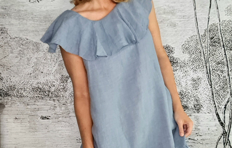 HELGA MAY_STELLA FRILL DRESS LINEN PALE PETROL _ STELLA FRILL DRESS LINEN PALE PETROL _ Ebony Boutique NZ