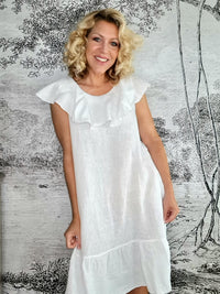 HELGA MAY_STELLA FRILL DRESS LINEN WHITE _ STELLA FRILL DRESS LINEN WHITE _ Ebony Boutique NZ