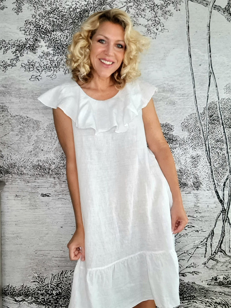 HELGA MAY_STELLA FRILL DRESS LINEN WHITE _ STELLA FRILL DRESS LINEN WHITE _ Ebony Boutique NZ