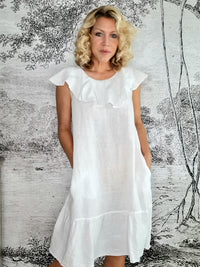HELGA MAY_STELLA FRILL DRESS LINEN WHITE _ STELLA FRILL DRESS LINEN WHITE _ Ebony Boutique NZ