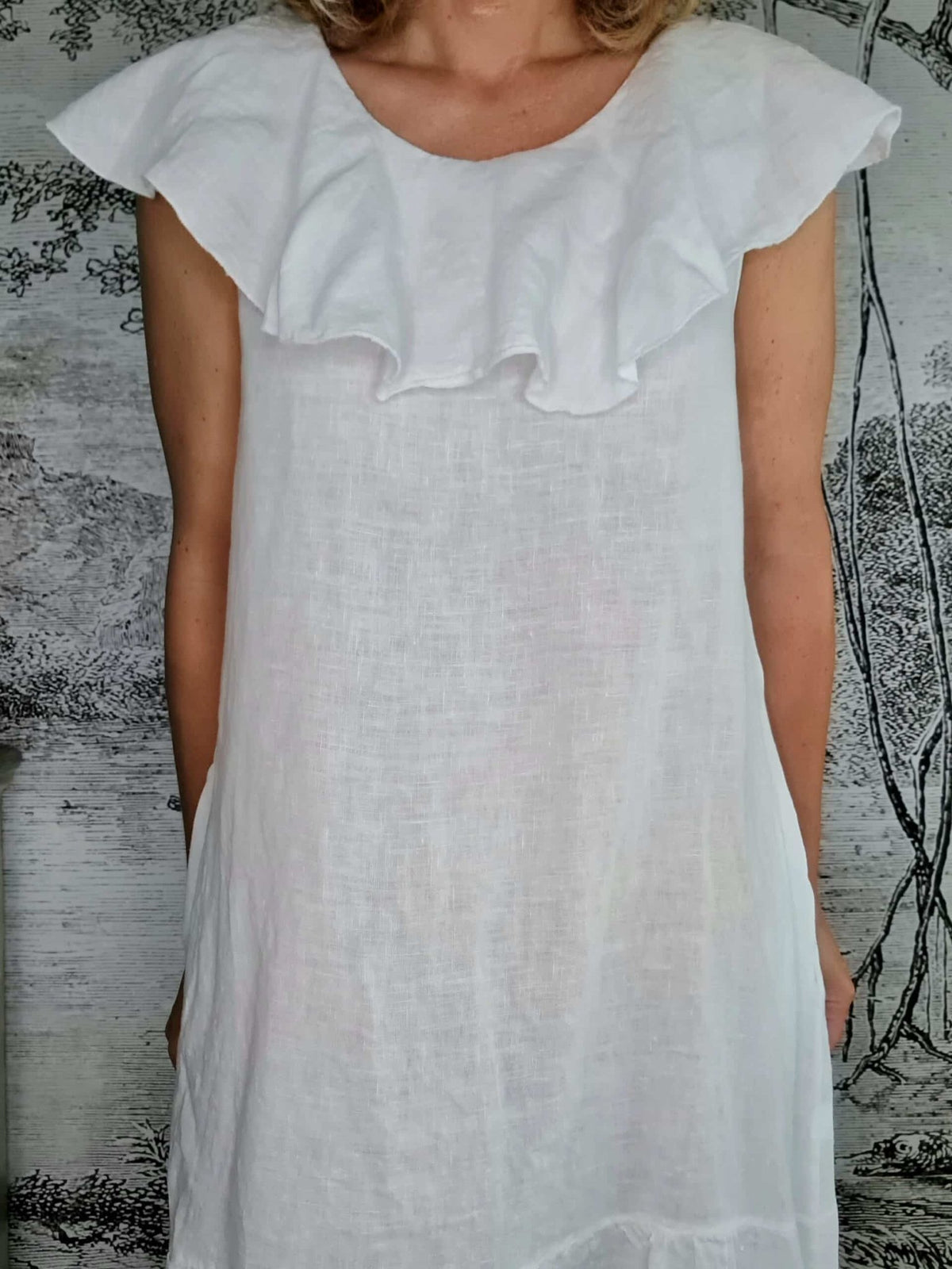 HELGA MAY_STELLA FRILL DRESS LINEN WHITE _ STELLA FRILL DRESS LINEN WHITE _ Ebony Boutique NZ