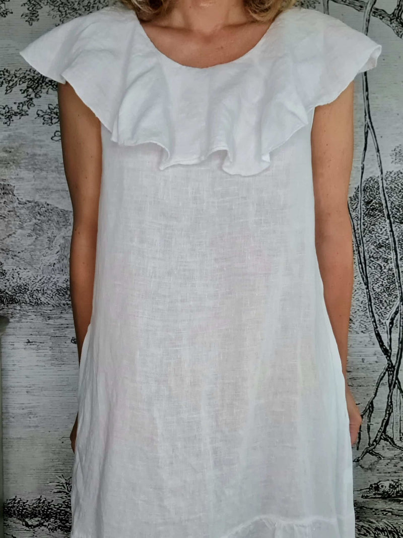 HELGA MAY_STELLA FRILL DRESS LINEN WHITE _ STELLA FRILL DRESS LINEN WHITE _ Ebony Boutique NZ