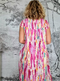 HELGA MAY_TIFFANY DRESS LINEN RAINBOW HOT PINK _ TIFFANY DRESS LINEN RAINBOW HOT PINK _ Ebony Boutique NZ