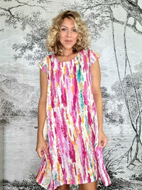 HELGA MAY_TIFFANY DRESS LINEN RAINBOW HOT PINK _ TIFFANY DRESS LINEN RAINBOW HOT PINK _ Ebony Boutique NZ
