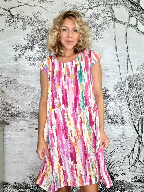 HELGA MAY_TIFFANY DRESS LINEN RAINBOW HOT PINK _ TIFFANY DRESS LINEN RAINBOW HOT PINK _ Ebony Boutique NZ
