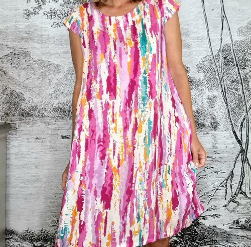 TIFFANY DRESS LINEN RAINBOW HOT PINK Ebony Boutique NZ TIFFANY DRESS LINEN RAINBOW HOT PINK Ebony Boutique NZ