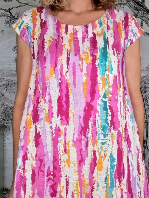HELGA MAY_TIFFANY DRESS LINEN RAINBOW HOT PINK _ TIFFANY DRESS LINEN RAINBOW HOT PINK _ Ebony Boutique NZ