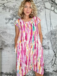 HELGA MAY_TIFFANY DRESS LINEN RAINBOW HOT PINK _ TIFFANY DRESS LINEN RAINBOW HOT PINK _ Ebony Boutique NZ