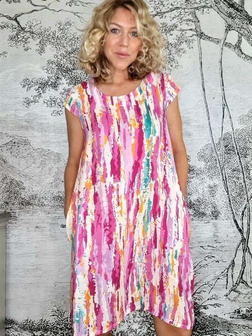 HELGA MAY_TIFFANY DRESS LINEN RAINBOW HOT PINK _ TIFFANY DRESS LINEN RAINBOW HOT PINK _ Ebony Boutique NZ
