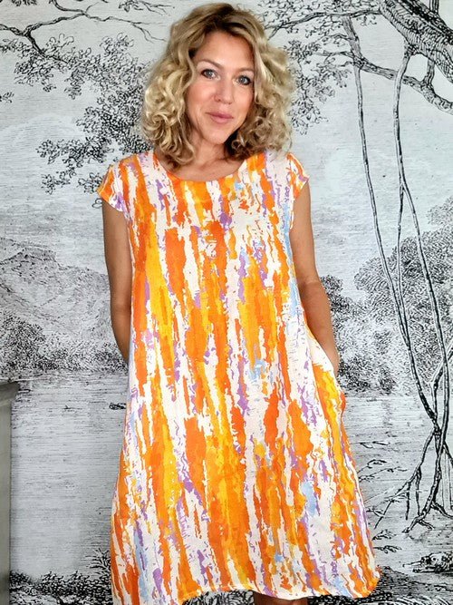 HELGA MAY_TIFFANY DRESS LINEN RAINBOW ORANGE _ TIFFANY DRESS LINEN RAINBOW ORANGE _ Ebony Boutique NZ