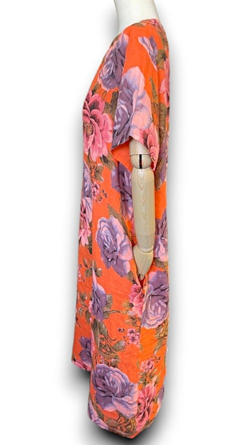 HELGA MAY_V - NECK MAXI DRESS WITH BUTTONS LINEN BRIGHT BLOOM ORANGE _ V - NECK MAXI DRESS WITH BUTTONS LINEN BRIGHT BLOOM ORANGE _ Ebony Boutique NZ