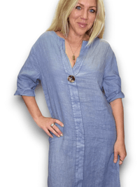 BRASS BUTTON DRESS TUNIC LINEN PETROL