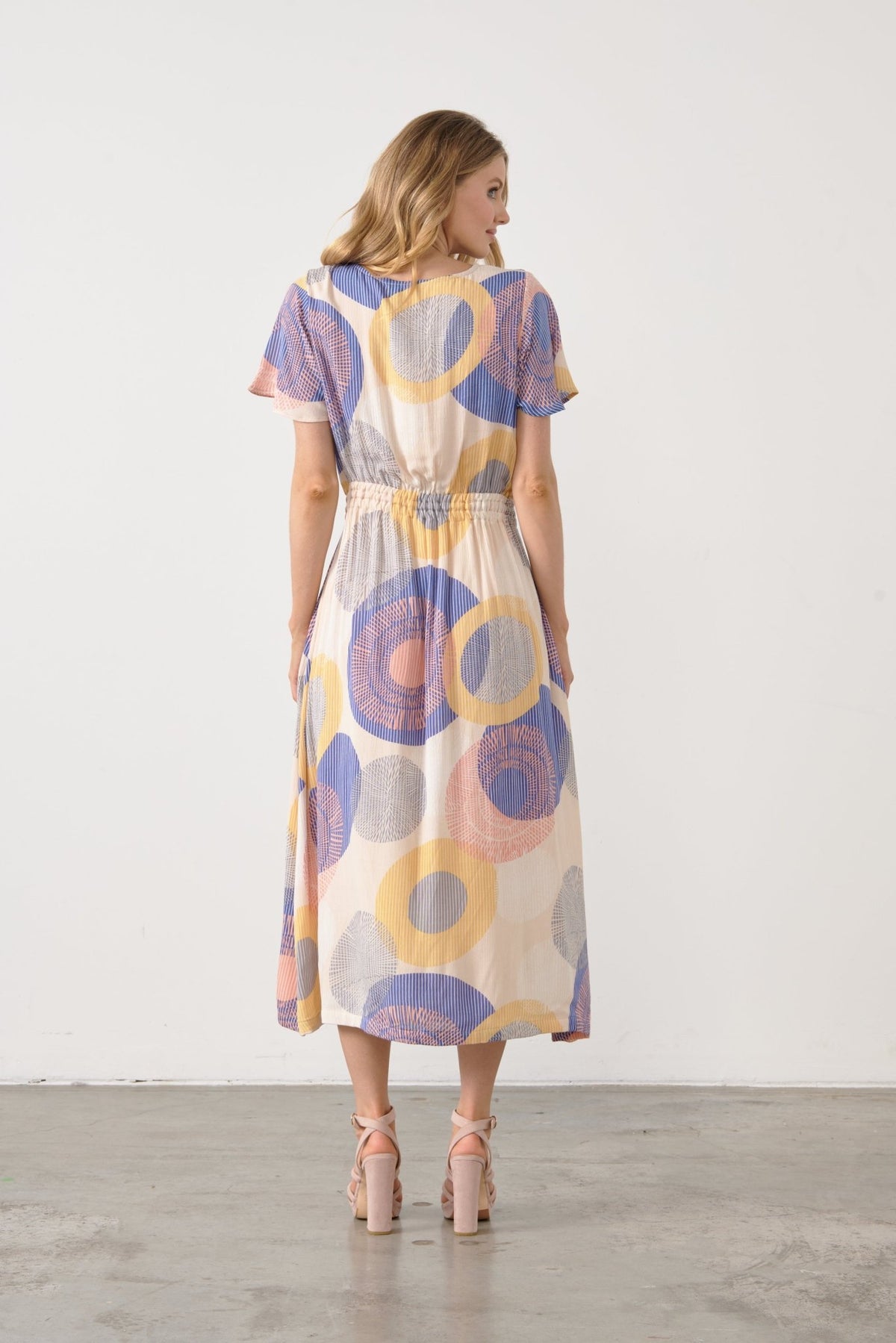 HOLMES AND FALLON_MULTI GEO V NECK DRAWSTRING WAIST DRESS _ MULTI GEO V NECK DRAWSTRING WAIST DRESS _ Ebony Boutique NZ