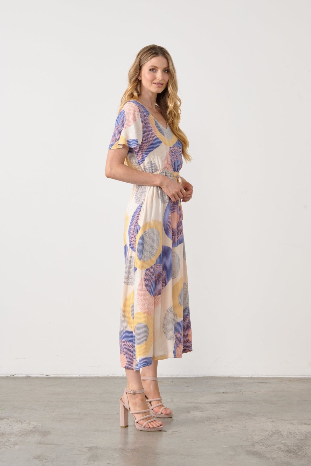 HOLMES AND FALLON_MULTI GEO V NECK DRAWSTRING WAIST DRESS _ MULTI GEO V NECK DRAWSTRING WAIST DRESS _ Ebony Boutique NZ